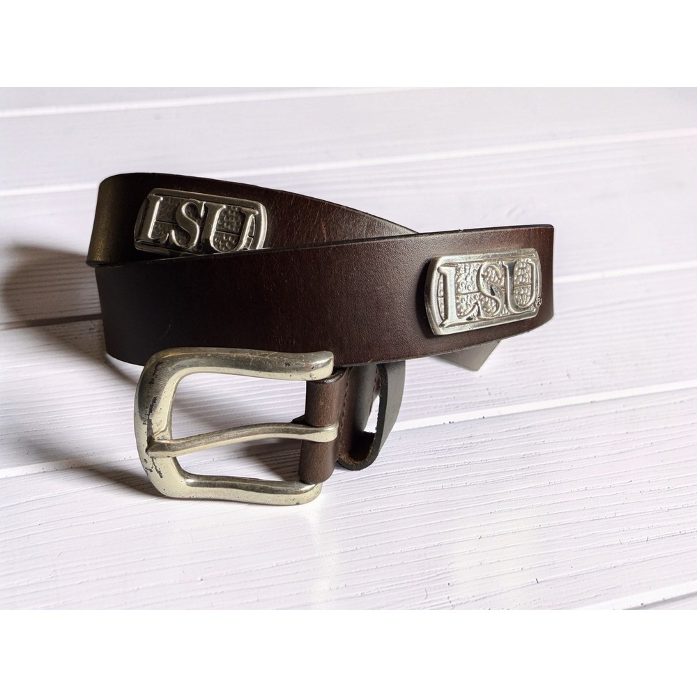 LSU Tigers Leather Belt Mens 40 Brown Silver Logo Plaques Collegiate Fan Gear